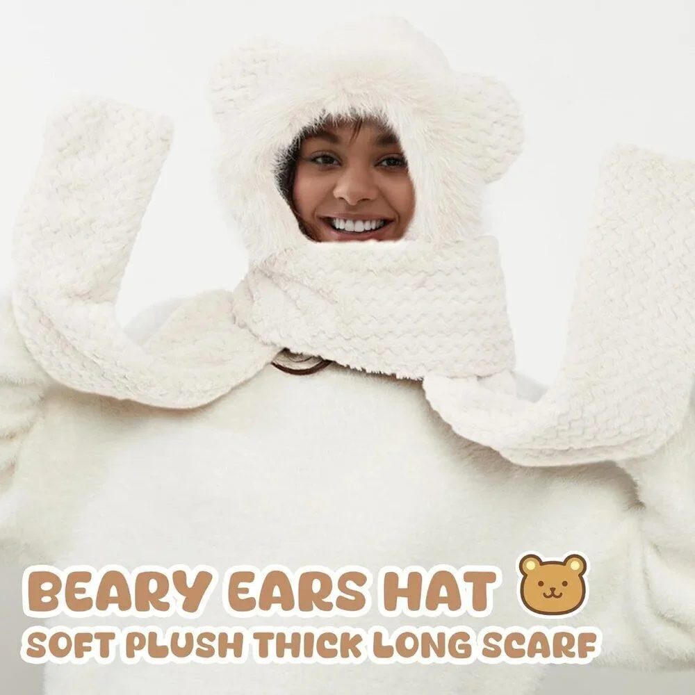 Women's White Hooded Scarf Cute Bear Ear Hat Faux Fur Gloves Set Soft